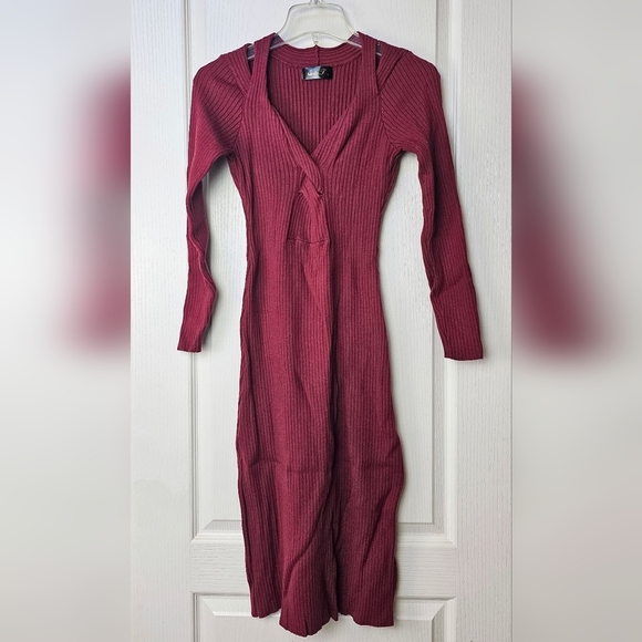 Seta T Womens Long Sleeve V Neck Twist Front Knit Side Slit Midi Sweater Dress S - Picture 6 of 11